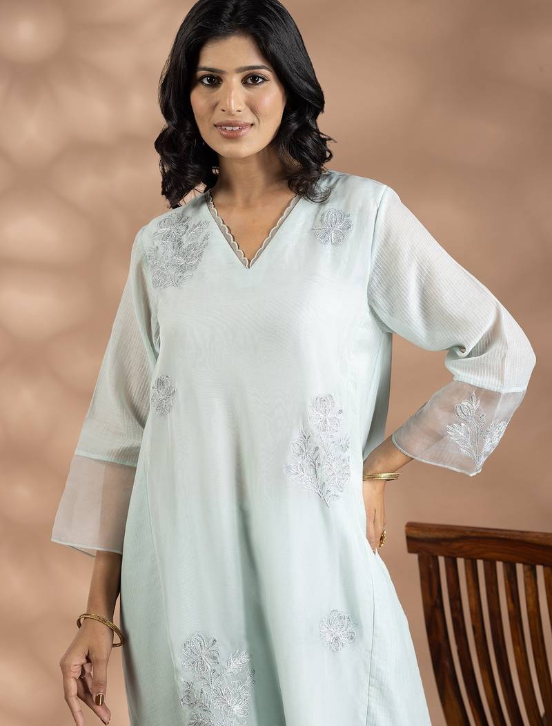 Turquoise blue jacquard floral print kurta set