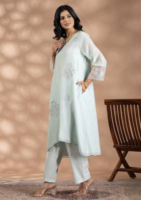 Turquoise blue jacquard floral print kurta set 4