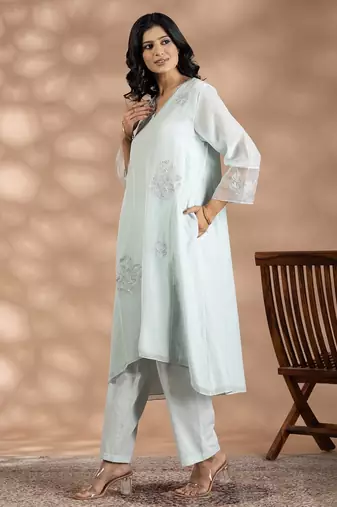 Turquoise blue jacquard floral print kurta set