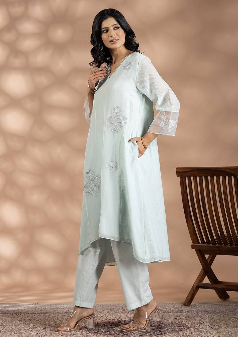 Turquoise blue jacquard floral print kurta set