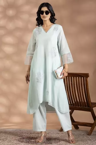 Turquoise blue jacquard floral print kurta set