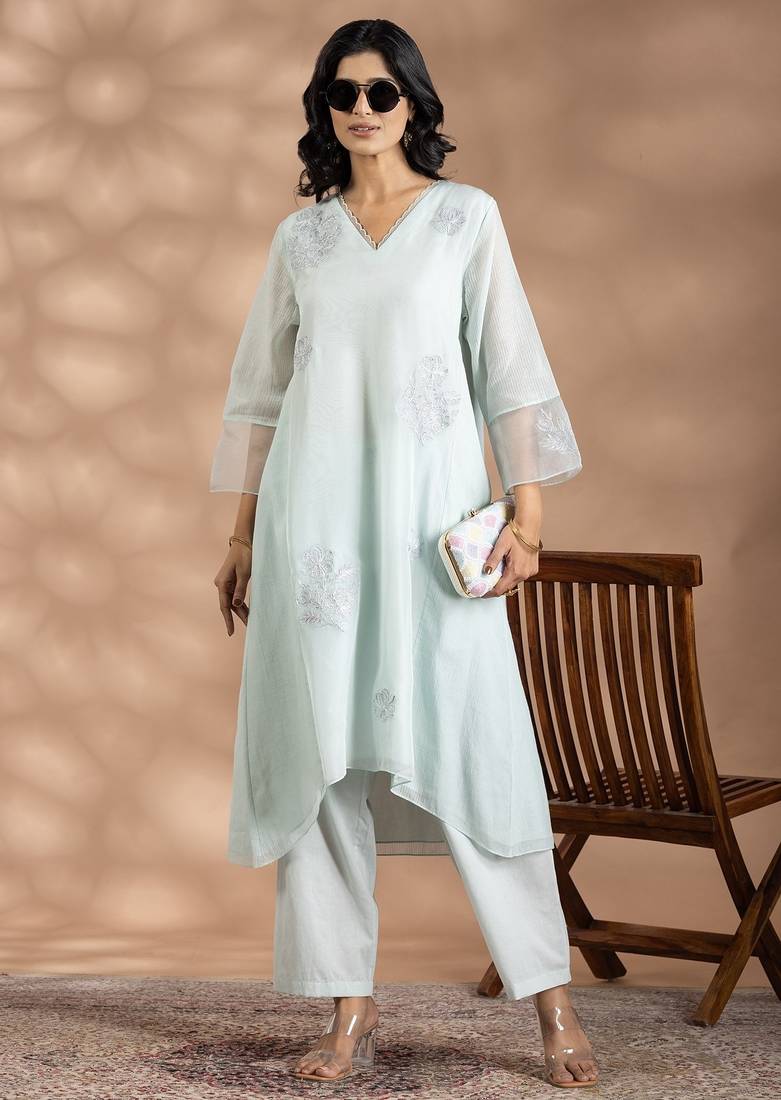Turquoise blue jacquard floral print kurta set