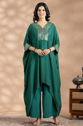 Green cotton sequins work kurta set