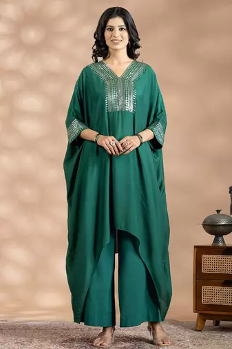 Green cotton sequins work kurta set