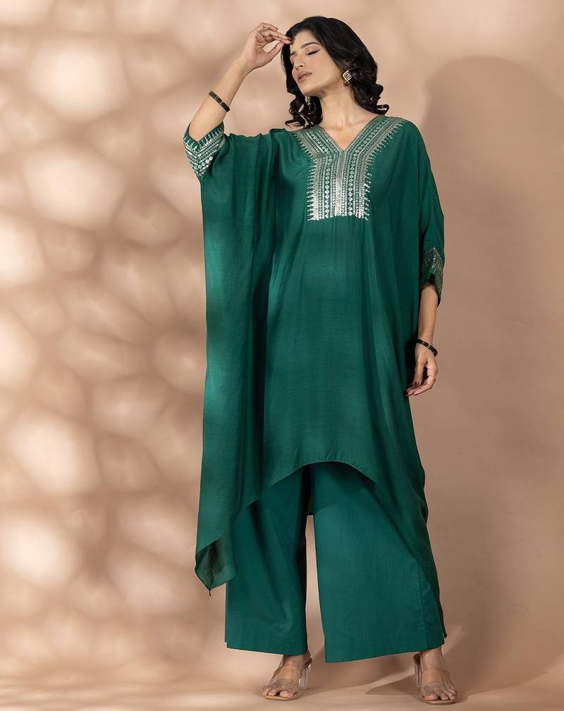 Green cotton sequins work kurta set