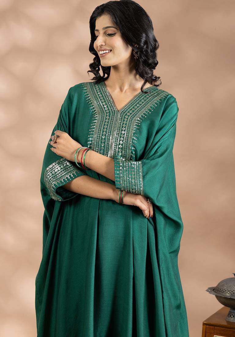 Green cotton sequins work kurta set