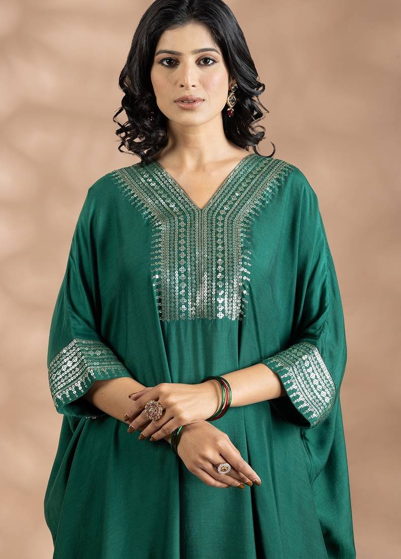 Green cotton sequins work kurta set