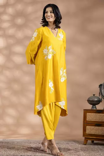 Yellow chanderi silk floral print kurta set