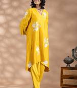 Yellow chanderi silk floral print kurta set