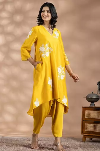 Yellow chanderi silk floral print kurta set