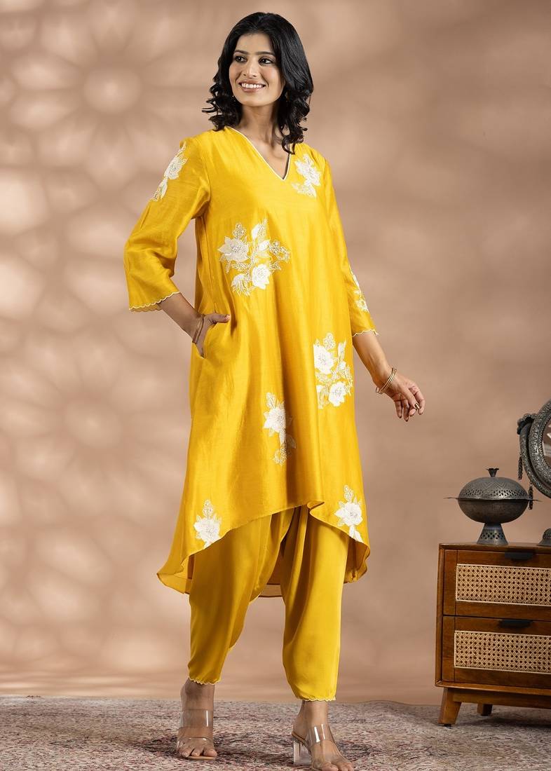 Yellow chanderi silk floral print kurta set