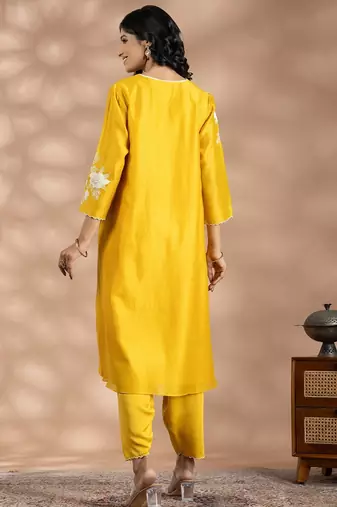 Yellow chanderi silk floral print kurta set