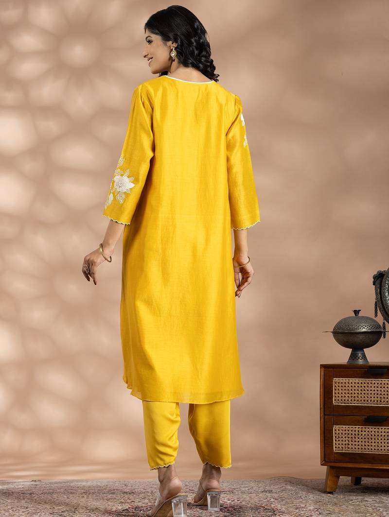 Yellow chanderi silk floral print kurta set