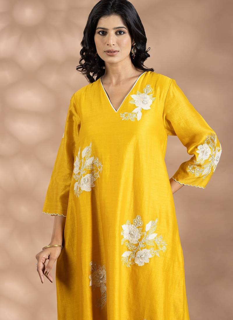 Yellow chanderi silk floral print kurta set