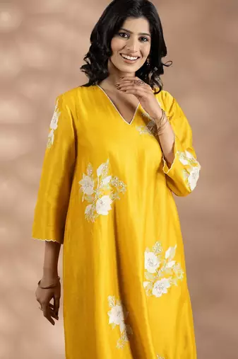 Yellow chanderi silk floral print kurta set
