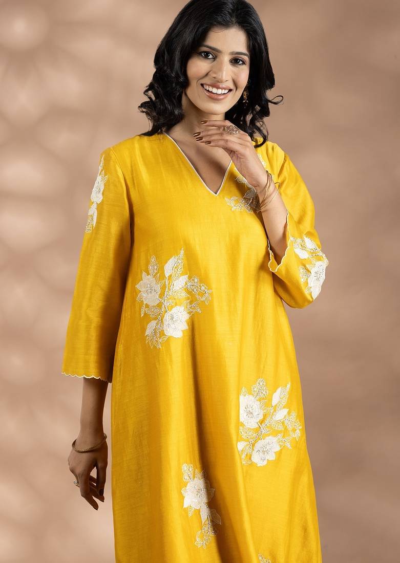 Yellow chanderi silk floral print kurta set