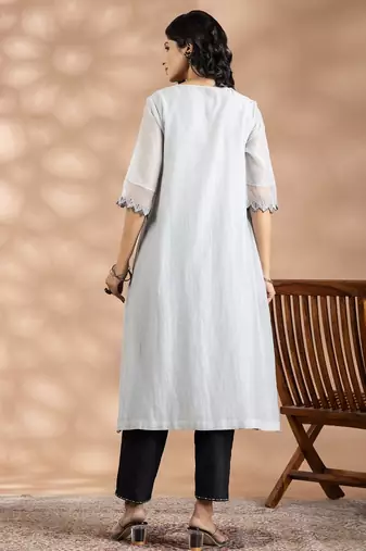 Grey chanderi silk floral print kurta set