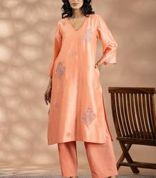 Peach chanderi silk floral print kurta set