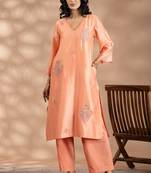 Peach chanderi silk floral print kurta set