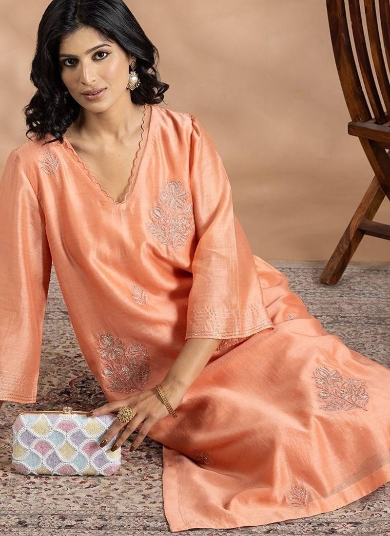 Peach chanderi silk floral print kurta set