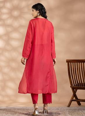 Red art silk floral print kurta set 3