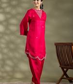 Pink satin floral print kurta set