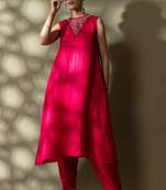 Pink satin floral print kurta set