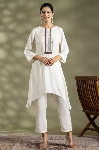 Off white cotton floral print kurta set