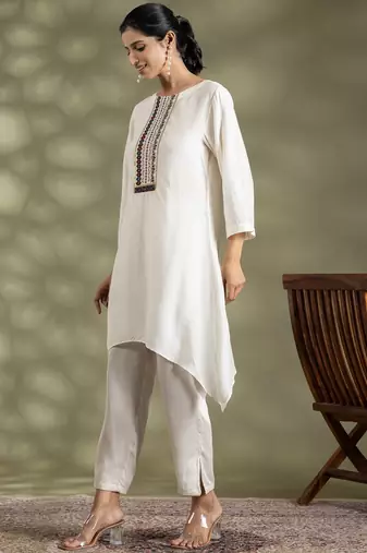 Off white cotton floral print kurta set