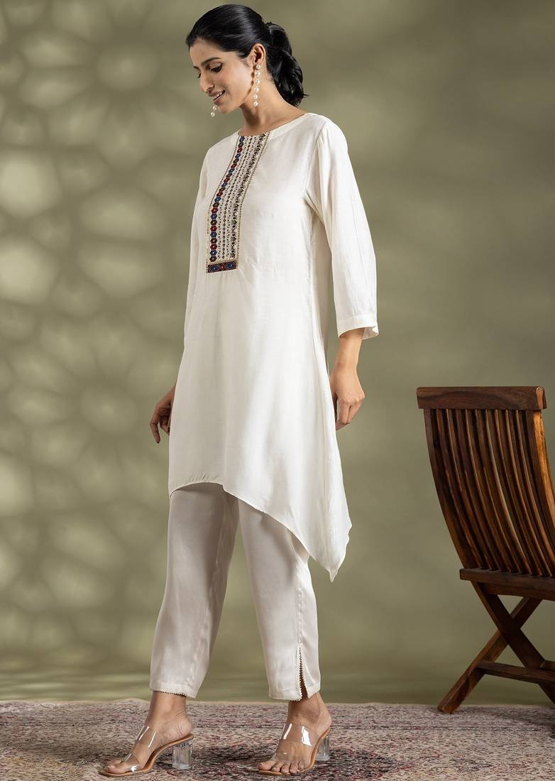 Off white cotton floral print kurta set