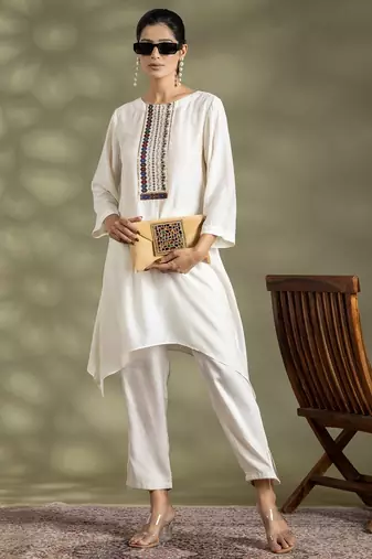 Off white cotton floral print kurta set