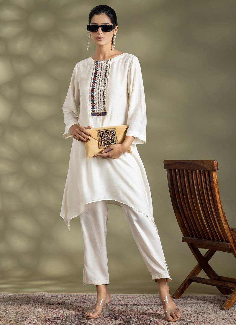 Off white cotton floral print kurta set