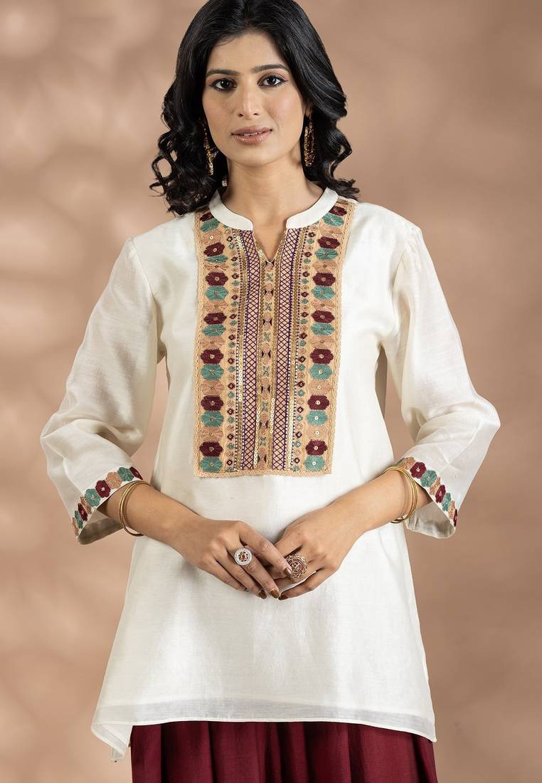 Off white chanderi silk floral print kurta set