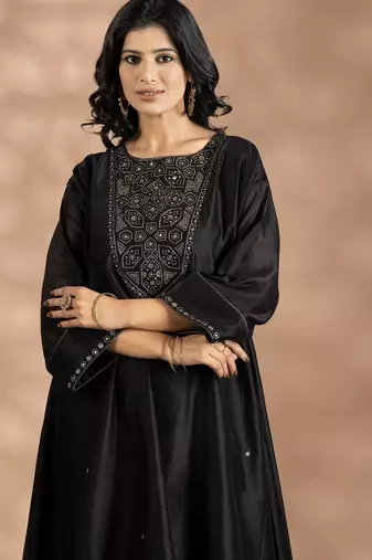 Black art silk floral print kurta set