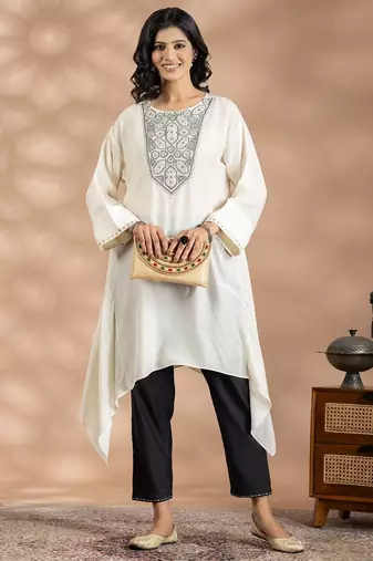 Off white art silk floral print kurta set