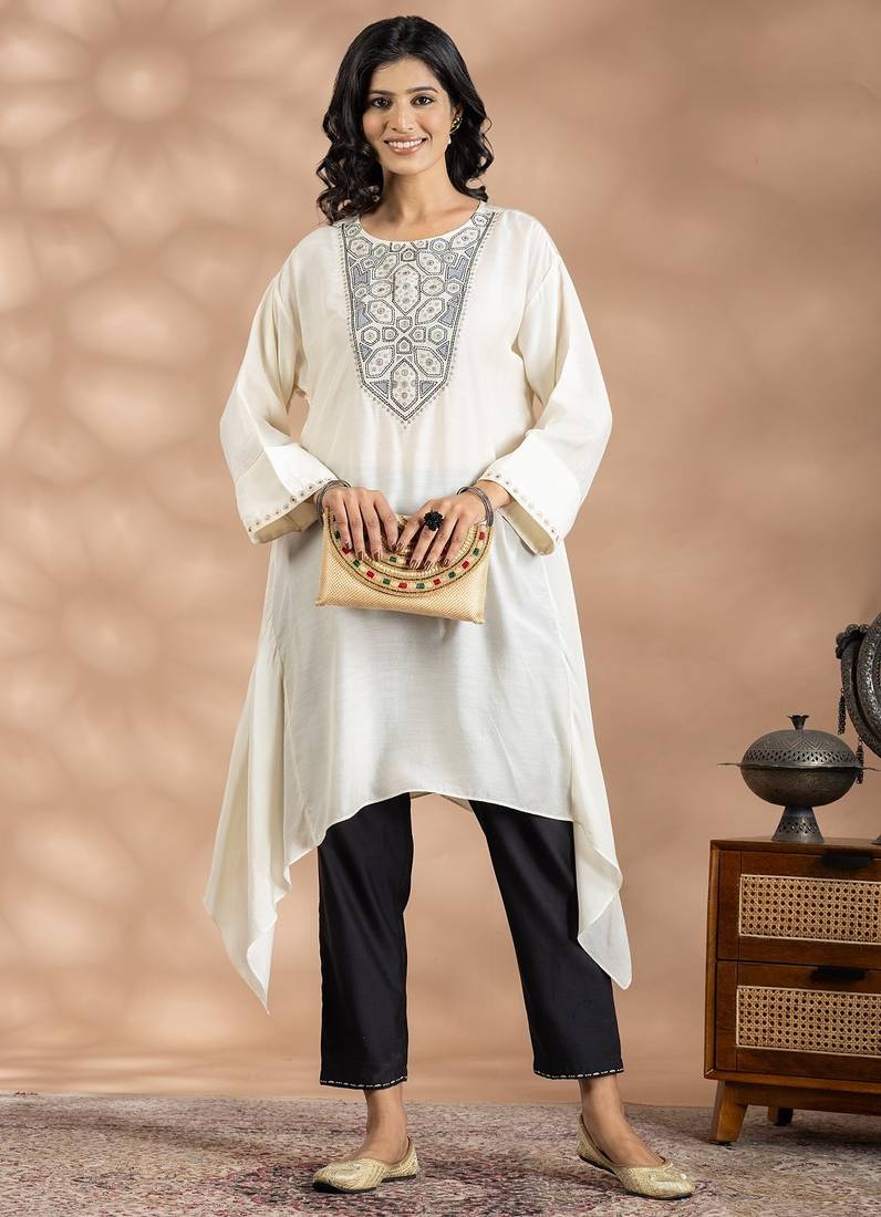 Off white art silk floral print kurta set