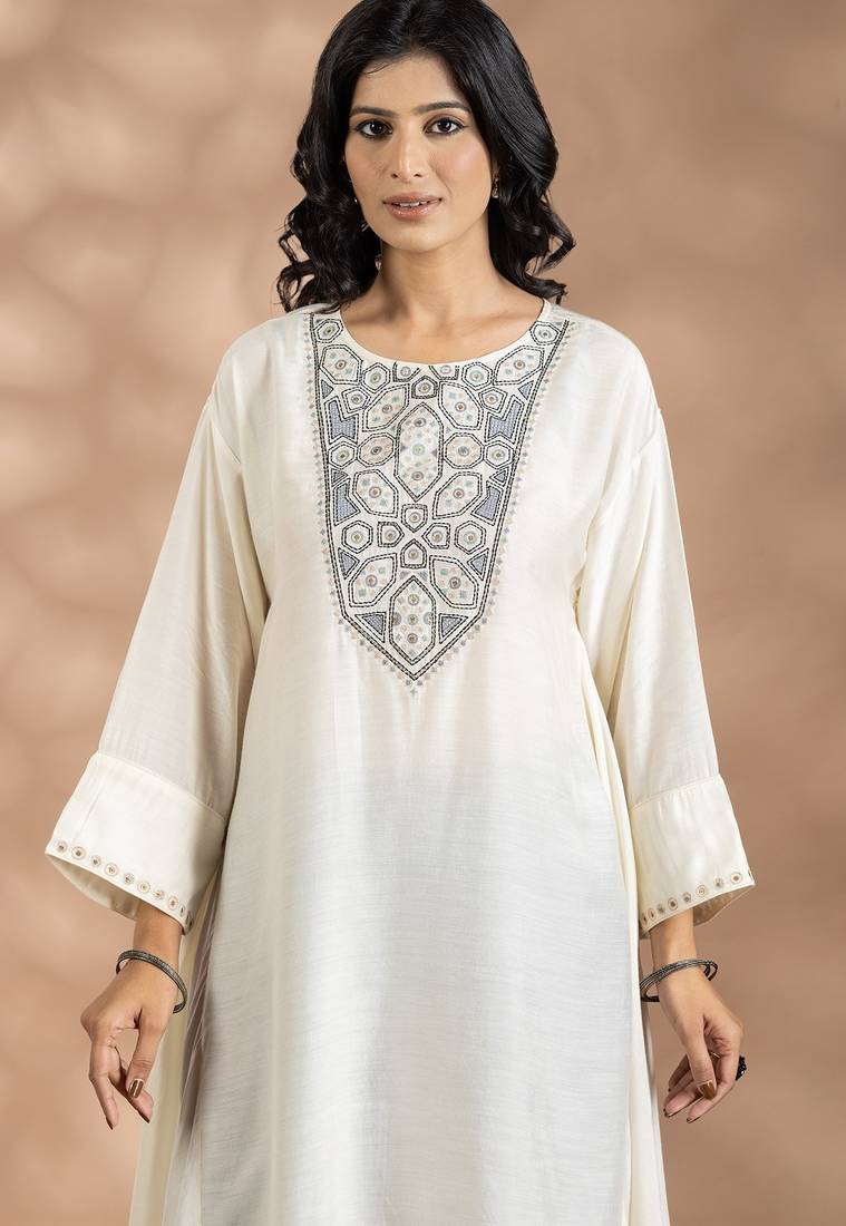 Off white art silk floral print kurta set