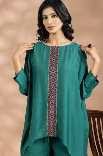 Green cotton floral print kurta set
