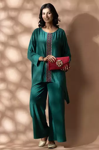 Green cotton floral print kurta set