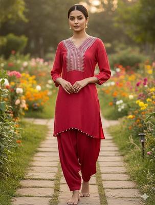 Red cotton floral print kurta set 1