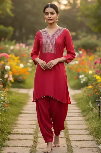 Red cotton floral print kurta set