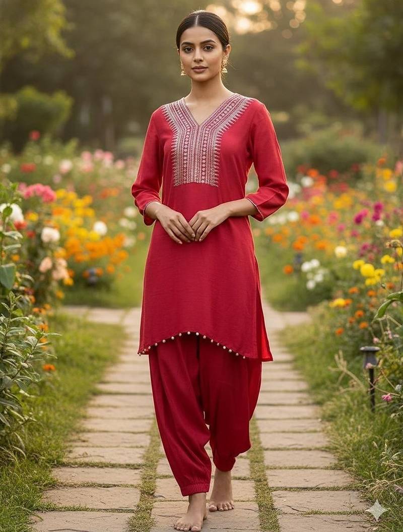 Red cotton floral print kurta set