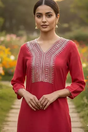 Red cotton floral print kurta set