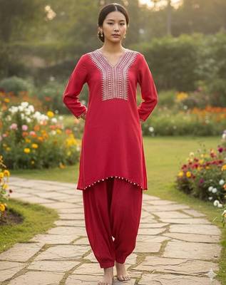 Red cotton floral print kurta set 3