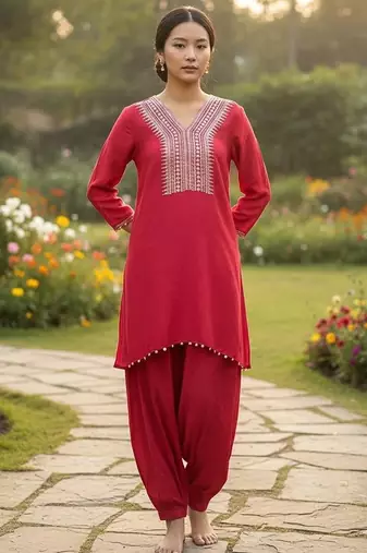 Red cotton floral print kurta set