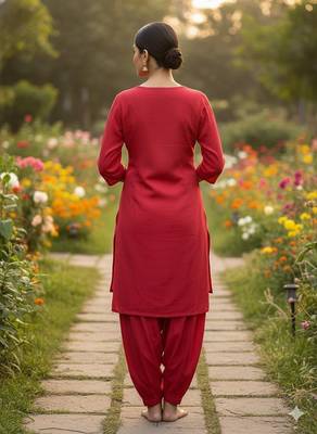 Red cotton floral print kurta set 4
