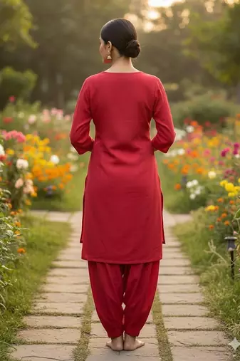 Red cotton floral print kurta set