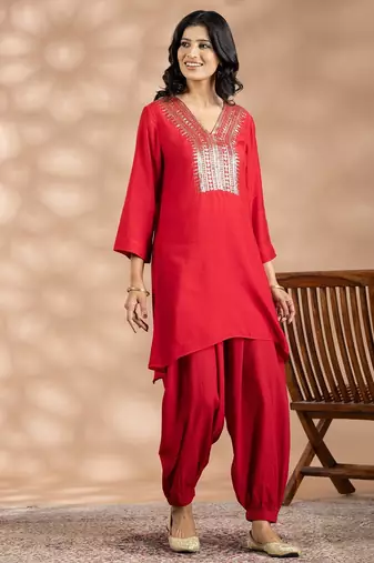 Red cotton floral print kurta set