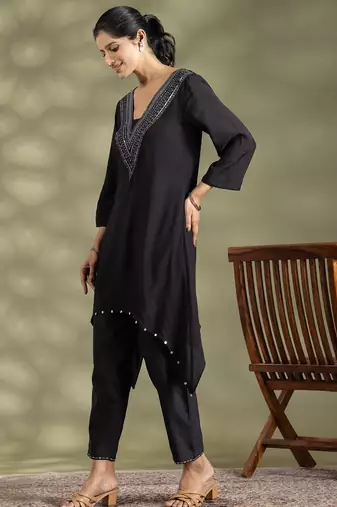 Black cotton floral print kurta set