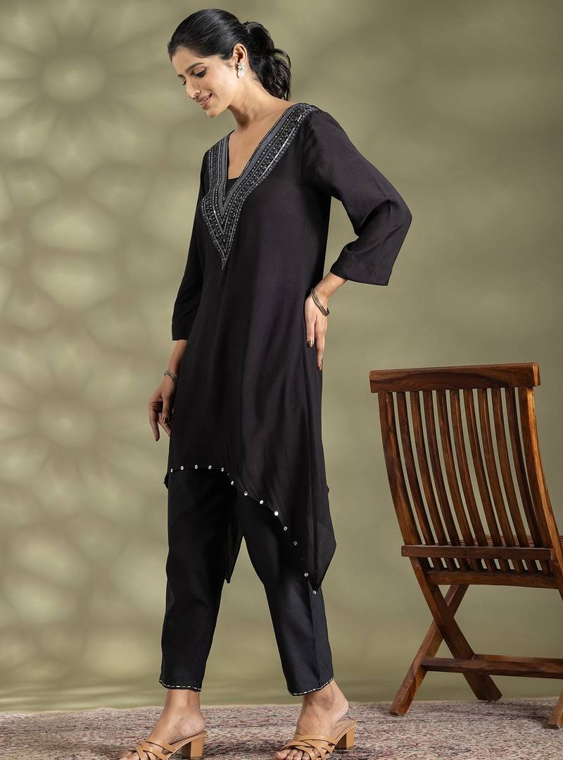 Black cotton floral print kurta set